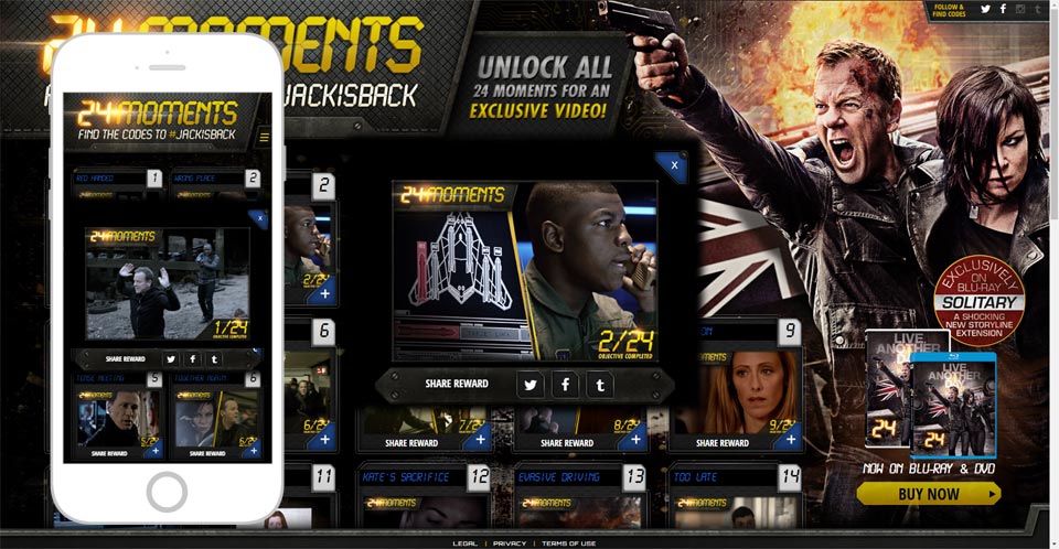 Desktop and phone views of 24 Moments, showing an unlocked reward panel and sharing controls.