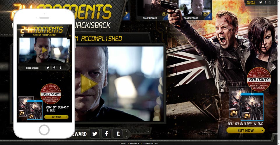 Mission Accomplished video reveal in the 24 Moments desktop and phone layouts.