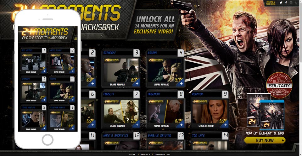 24 Moments campaign overview with Jack Bauer artwork and a grid of daily rewards.