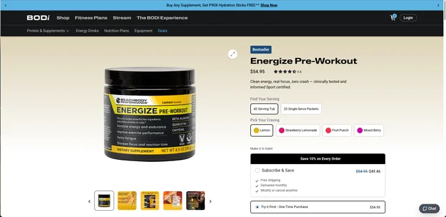 BODi Energize product page with product imagery, serving-size and flavor selectors, and subscription or one-time purchase options.