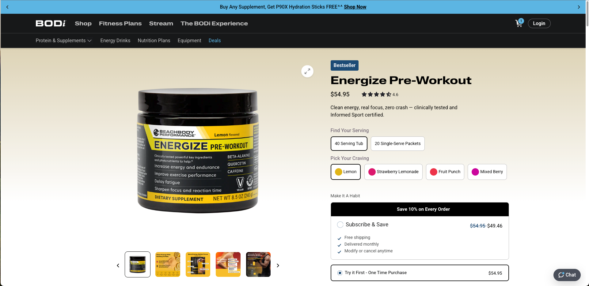 BODi Energize product page with product imagery, serving-size and flavor selectors, and subscription or one-time purchase options.