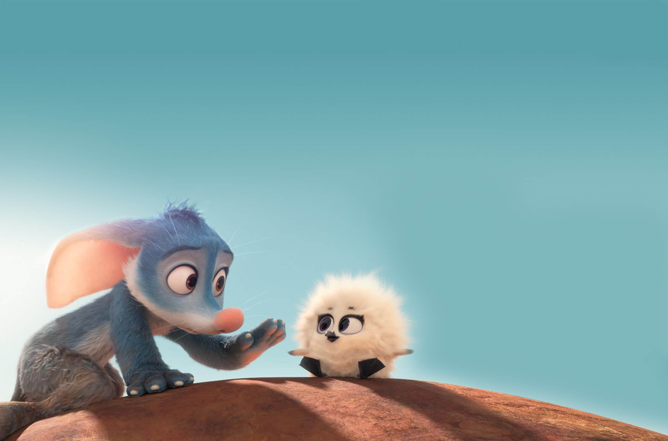 Bilby and a fluffy baby bird on a rock against a blue sky; original campaign artwork.