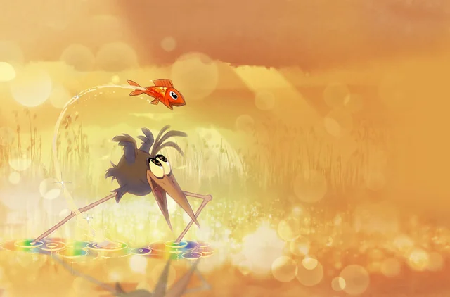 Bird Karma’s long-beaked bird watching a leaping orange fish; original campaign artwork.