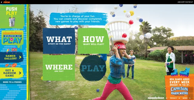 Original Push Play campaign screenshot with What, How, and Where game-finder tiles.